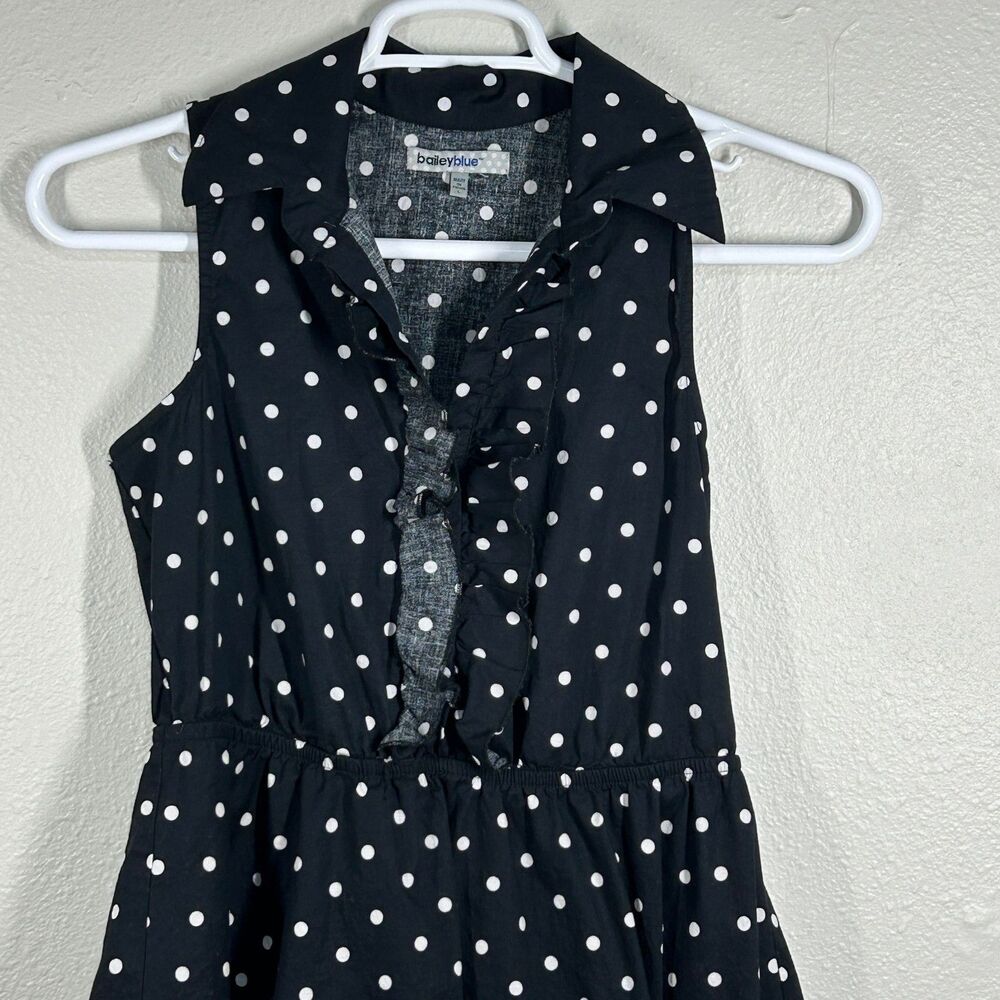 baileyblue Dress Women L Black White Polka Dot Sleeveless Collared Ruffle Button